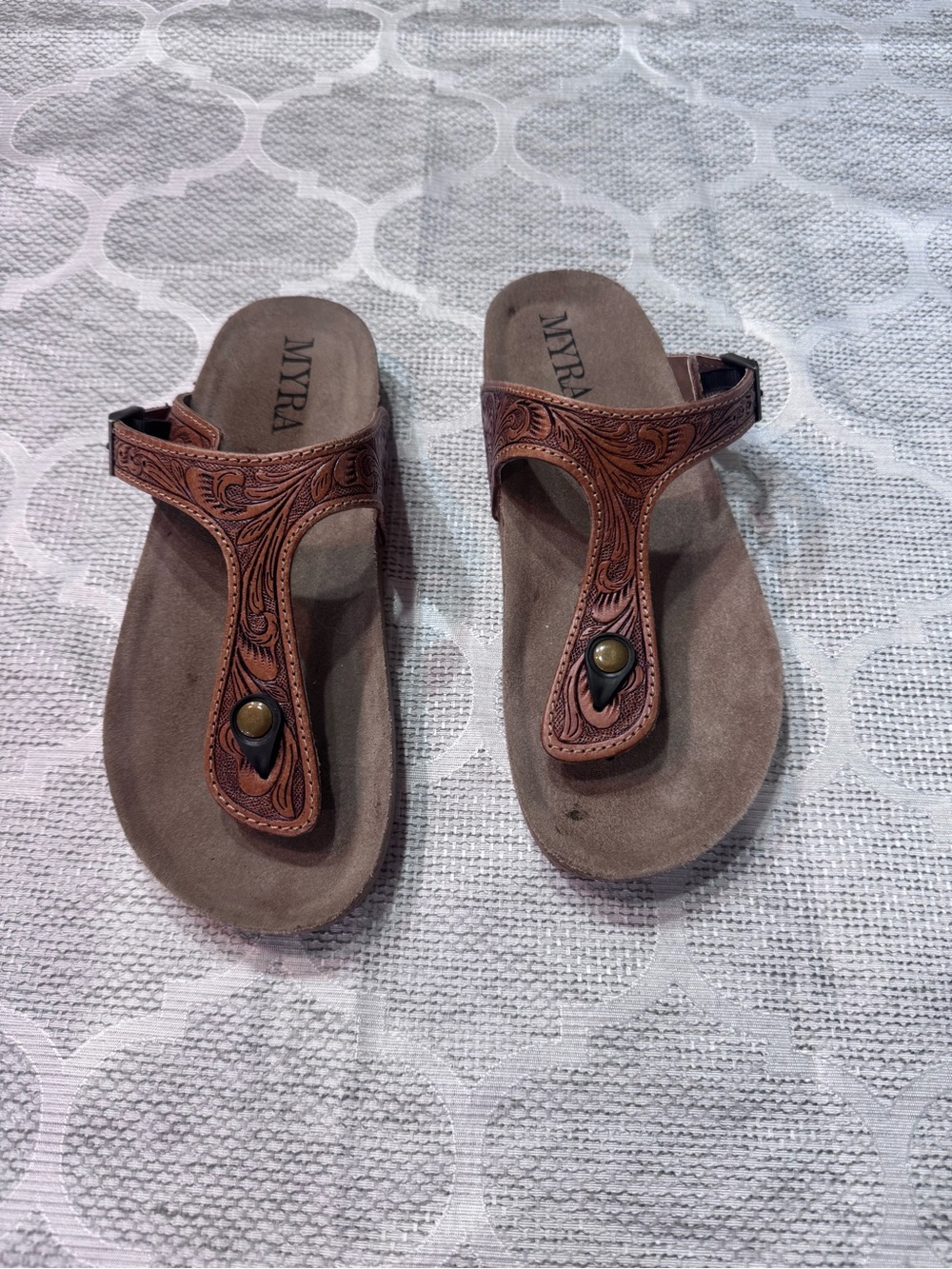 Myra Bag Tan Brown Embossed Leather T-Strap Sandals